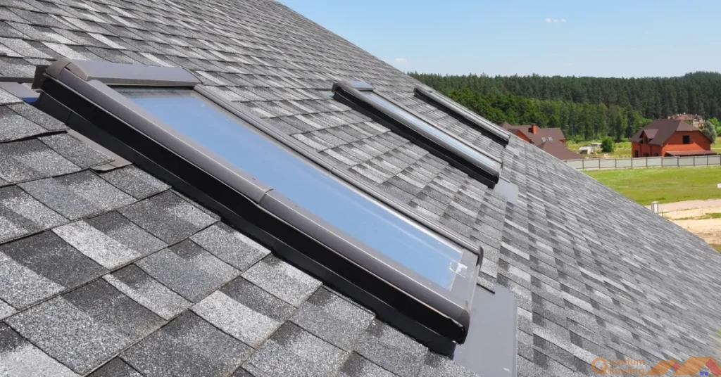 Multiple energy-efficient skylights professionally installed on asphalt shingle roof in Asheville NC.