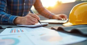 Roof contractor with paperwork helping to figure out roof financing options.