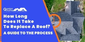 This promotional graphic is titled "How Long Does It Take To Replace A Roof? A Guide To The Process" and features the Quantum Roofing logo and a background image of a residential roofing project.