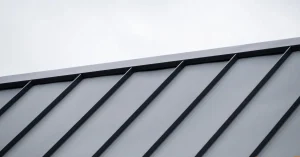 Standing seam metal roof ridge with a grey sky behind.