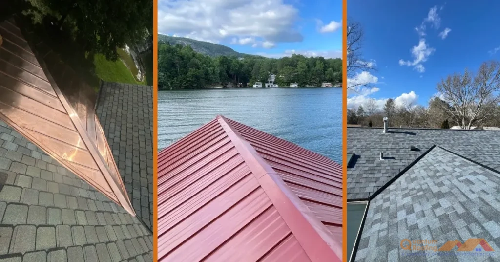 A rooftop comparison photo showing three roofing materials.