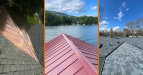 A rooftop comparison photo showing three roofing materials.