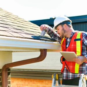Roof inspector inspecting gutters and drainage.