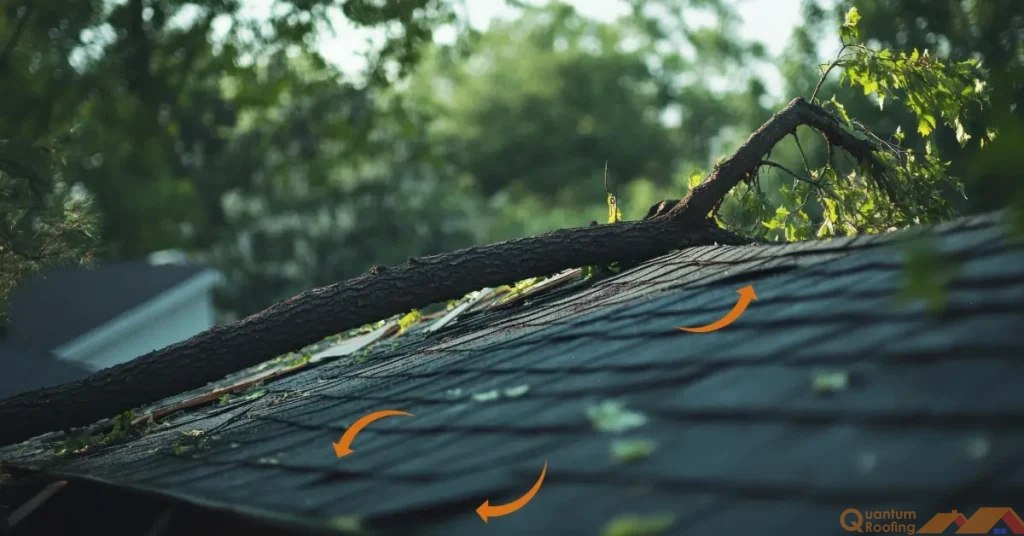 Roofing contractor inspecting hail damage repair on residential roof after severe storm in Asheville NC