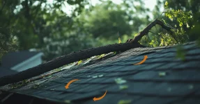 Roofing contractor inspecting hail damage repair on residential roof after severe storm in Asheville NC