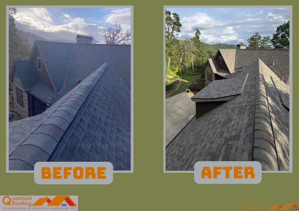 Before and after images of a residential roof replacement in Asheville, NC showing worn, aging shingles replaced with new Owens Corning Duration shingles, improved ridge lines, and enhanced ventilation.