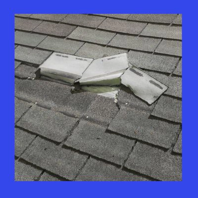 Damaged asphalt shingles with visible signs of a roof leak.
