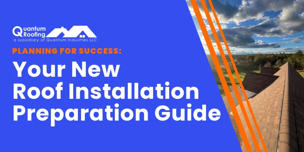 Title slide for a blog about repairing for a new roof installation by Quantum Roofing, featuring a bright blue background and roofline imagery with sky and puffy white clouds.